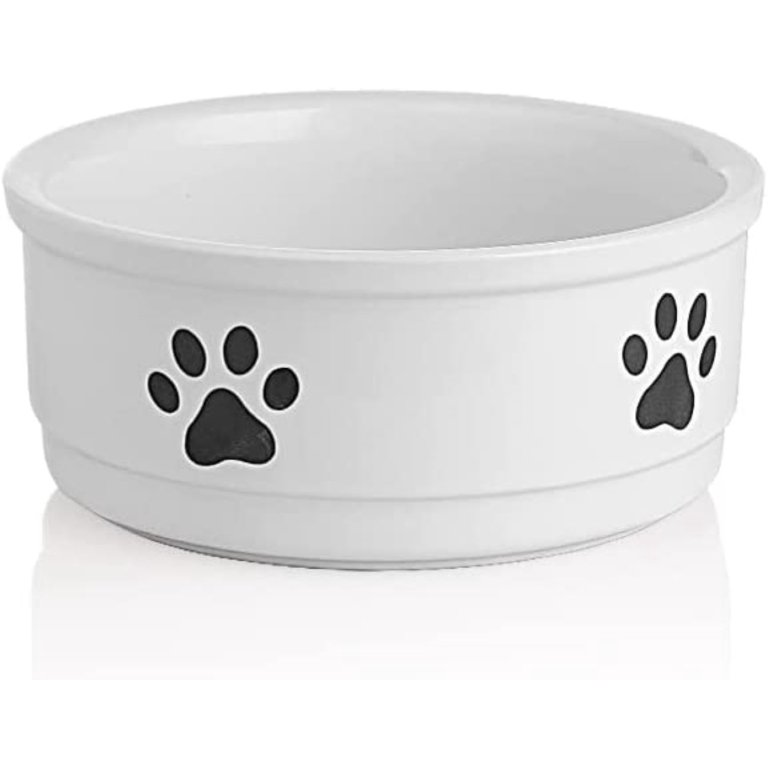 SWEEJAR Ceramic Dog Bowls with Paw Pattern, Dog Food Dish for Small Dogs,  Porcelain Pet Bowl for Water,15 oz White 