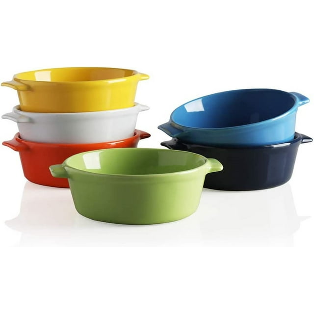 SWEEJAR Ceramic Souffle, Round Double Handle Ramekins, 10oz Creme