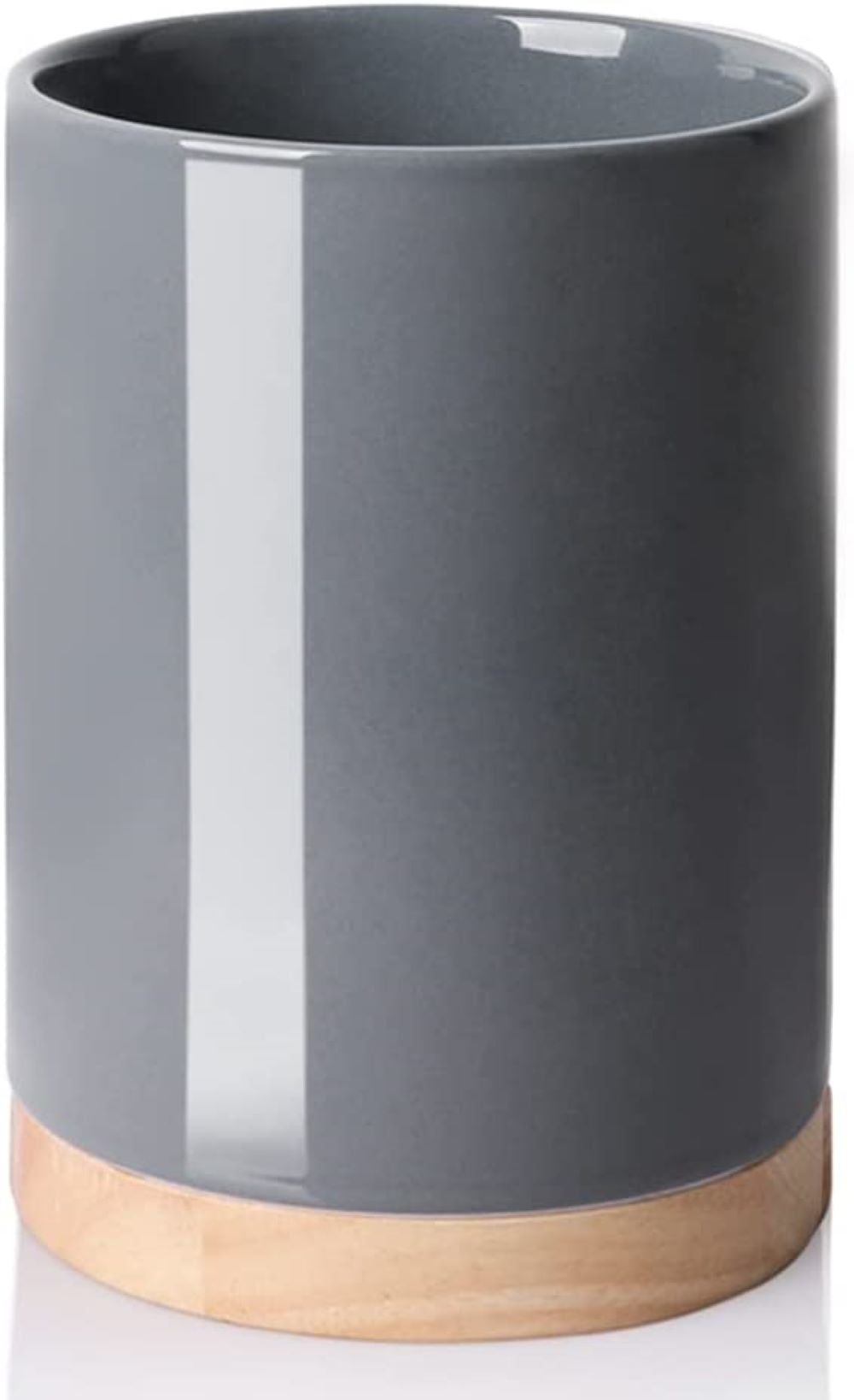 SWEEJAR Kitchen Utensil Holder with Wooden Bottom, 6.7" Ceramic Utensil Crock to Hold Spatulas for Cooking Countertop, Housewarming, Wedding, Birthday Gift (Gray)