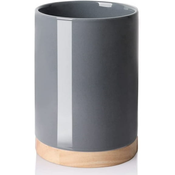 SWEEJAR Kitchen Utensil Holder with Wooden Bottom, 6.7" Ceramic Utensil Crock to Hold Spatulas for Cooking Countertop, Housewarming, Wedding, Birthday Gift (Gray)