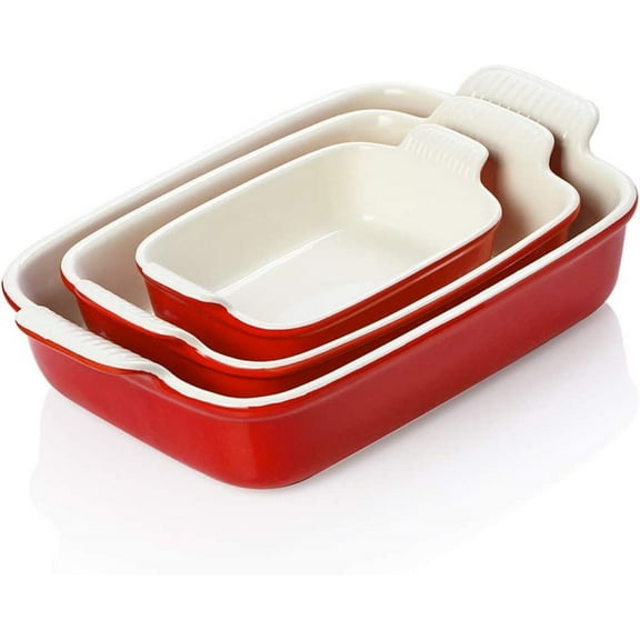 SWEEJAR Porcelain Bakeware Set for Cooking, Ceramic Rectangular Baking Dish Lasagna Pans for Daily Use, Set of 3,Red