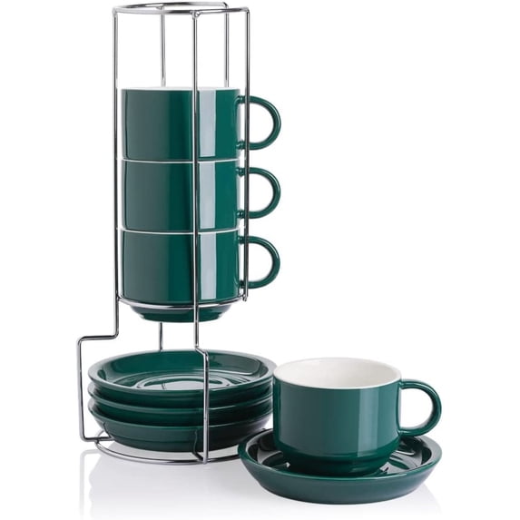 SWEEJAR Porcelain Cappuccino Cups with Saucers and Metal Stand,Espresso Cups for Specialty Coffee Drinks - Set of 4, 8 oz,Jade