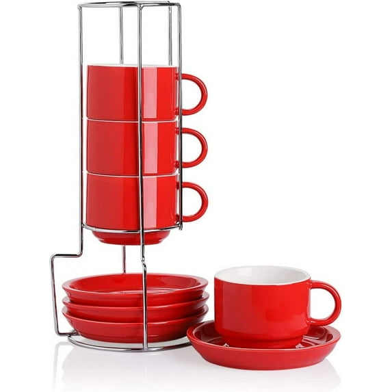 SWEEJAR Porcelain Cappuccino Cups with Saucers and Metal Stand,Espresso Cups for Specialty Coffee Drinks - Set of 4, 8 oz,Red