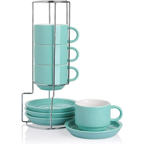 SWEEJAR Porcelain Cappuccino Cups with Saucers and Metal Stand,Espresso Cups for Specialty Coffee Drinks - Set of 4, 8 oz,Turquoise