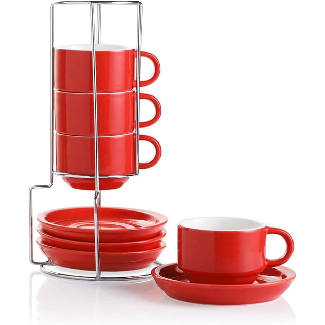 Large Stackable Cups SWEEJAR Porcelain Espresso Cups with Saucers, 4 Ounce Stackable ...
