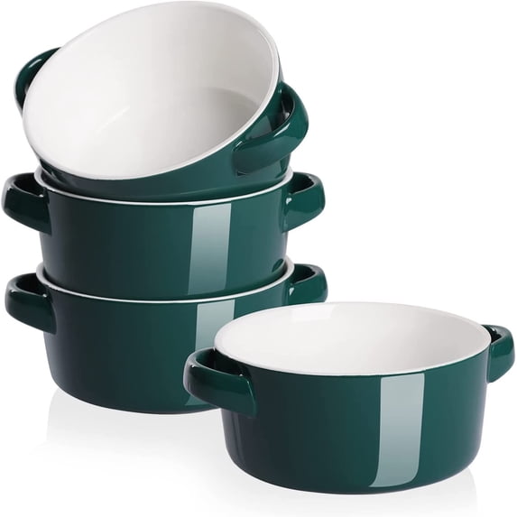 SWEEJAR Porcelain Soup Bowls with Handles, 28OZ Substantial Crocks for Soup, Oatmeal, Ramen, Functional and Stackable Set of 4,Jade