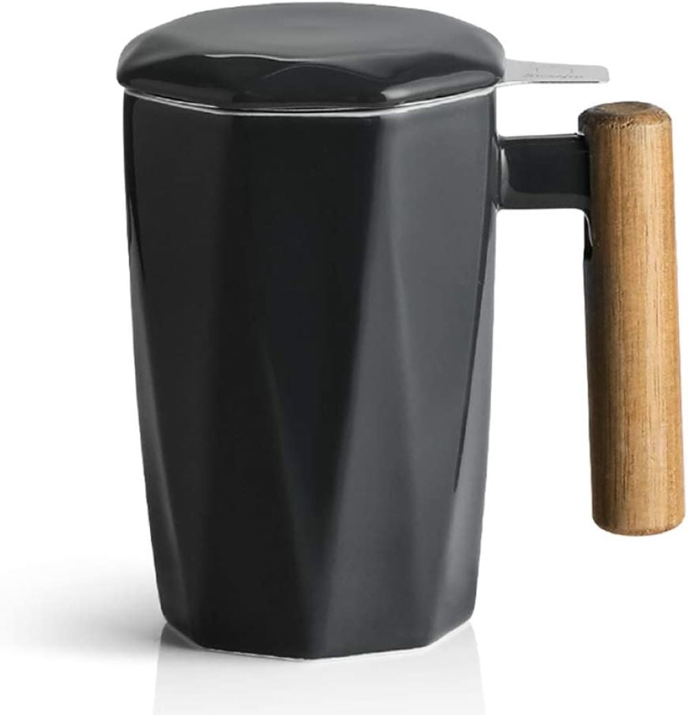 SWEEJAR Porcelain Tea Mug with Infuser and Lid, Wooden Handle, 17 Ounce
