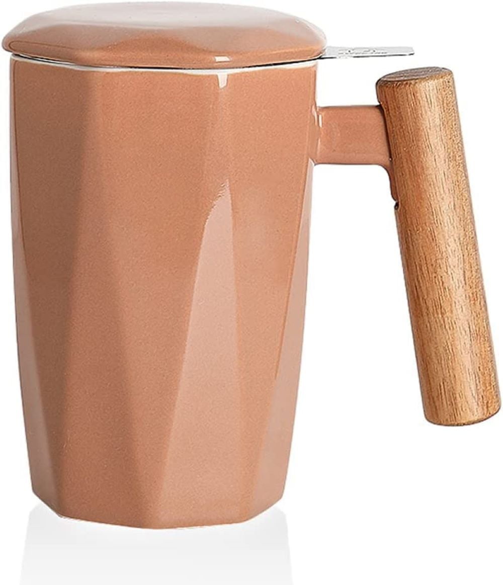 SWEEJAR Porcelain Tea Mug with Infuser and Lid, Wooden Handle, 17 Ounce