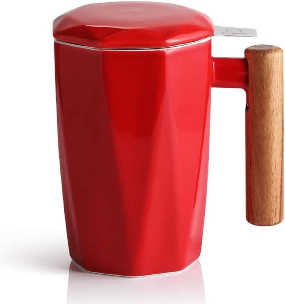 SWEEJAR Porcelain Tea Mug with Infuser and Lid,Wooden Handle Tea Cup