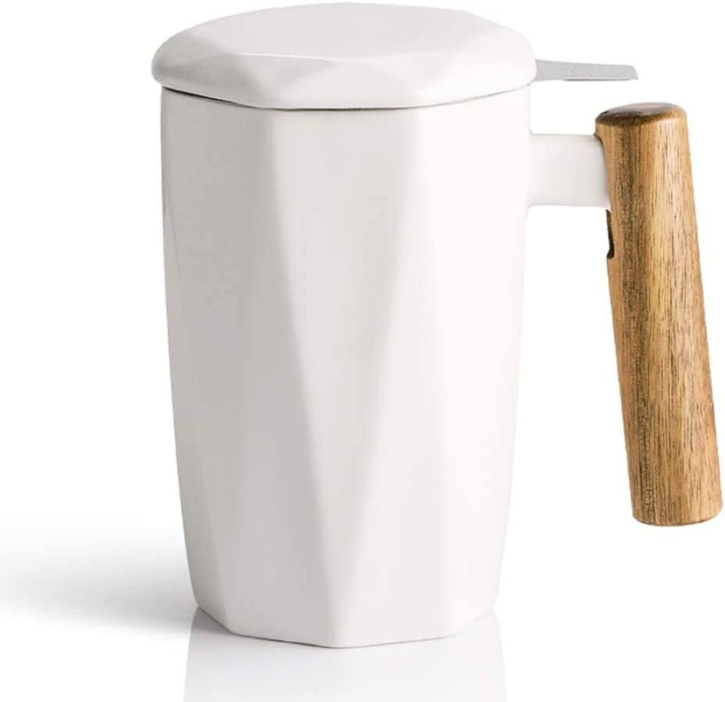 SWEEJAR Porcelain Tea Mug with Infuser and Lid,Wooden Handle Tea Cup