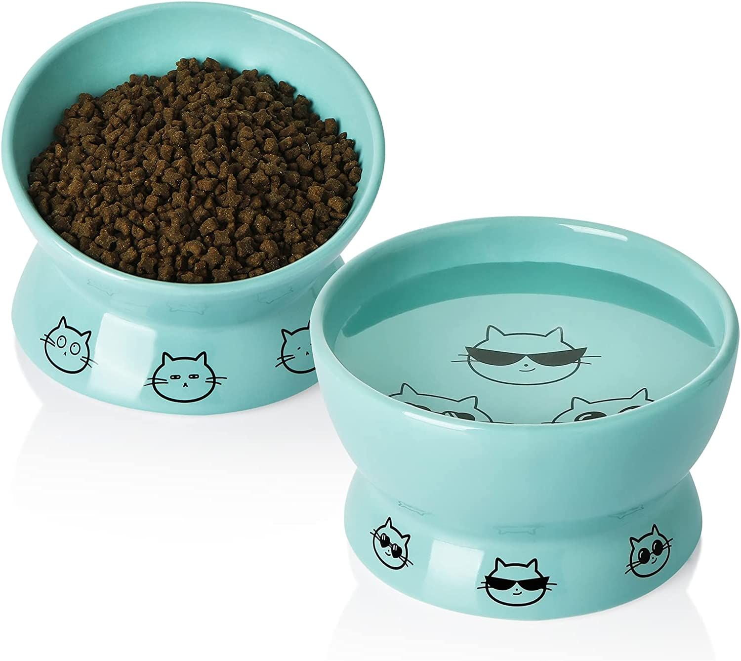 SWEEJAR Raised Cat Bowls Set, Tilted Food Bowl and Deep Water Bowl, Ceramic Pet Bowl Collection for Cats and Small Dogs, Set of 2 (Turquoise)
