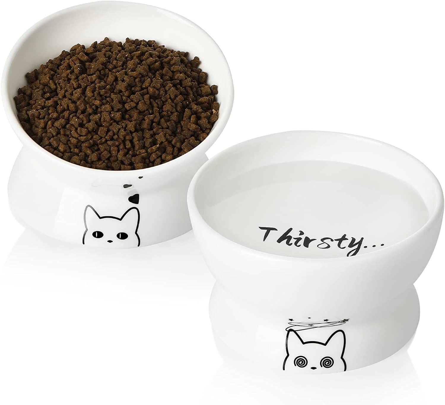 SWEEJAR Raised Cat Bowls Set, Tilted Food Bowl and Deep Water Bowl, Ceramic Pet Bowl Collection for Cats and Small Dogs, Set of 2 (White)