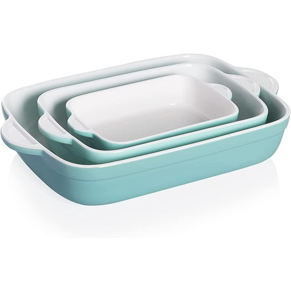 SWEEJAR Rectangular Ceramic Bakeware Set, Non-Stick Roasting Pan with Handles Baking Dishes,Casserole Pans for Cake Dinner, Set of 3 - Turquoise