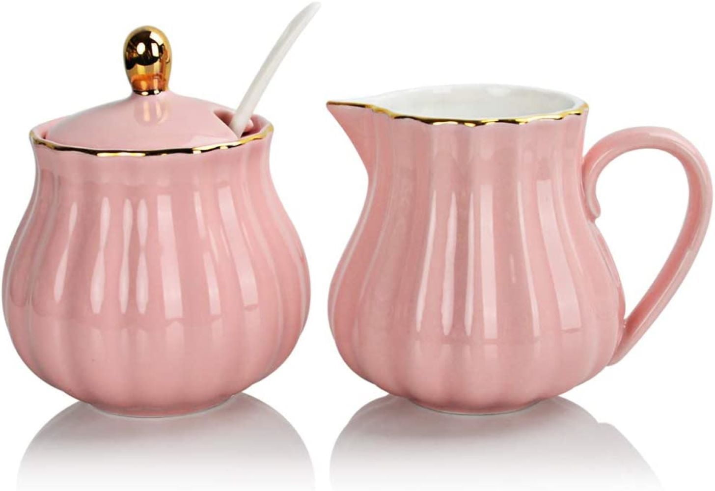 Pink Ceramic Sugar and Creamer Set with Gold Accents