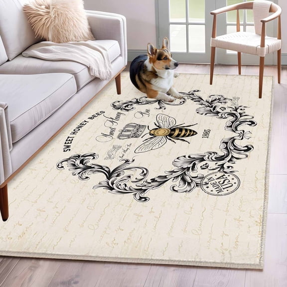 SWEET HONEY BEES Area Rugs 4x6 ft Bees Farmhouse Retro Texture Washable Rug Non Slip Indoor Carpet Absorbent Floor Mat for Living Room Bedroom Dining Room