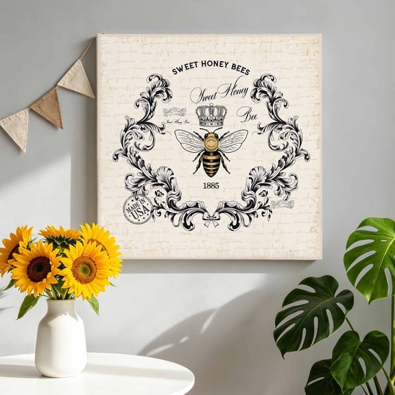 SWEET HONEY BEES Canvas Wall Art Framed Wall Decor for Living Room Bedroom Bathroom, Bees Farmhouse Retro Texture Canvas Pictures Ready to Hang Decor, 12"x12"