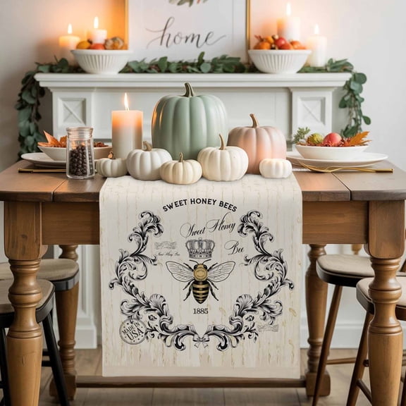 SWEET HONEY BEES Cotton Linen Table Runner, Washable Table Runners for Kitchen, Dining Room, Holiday, Home Party Table Decor, 13x36 Inches
