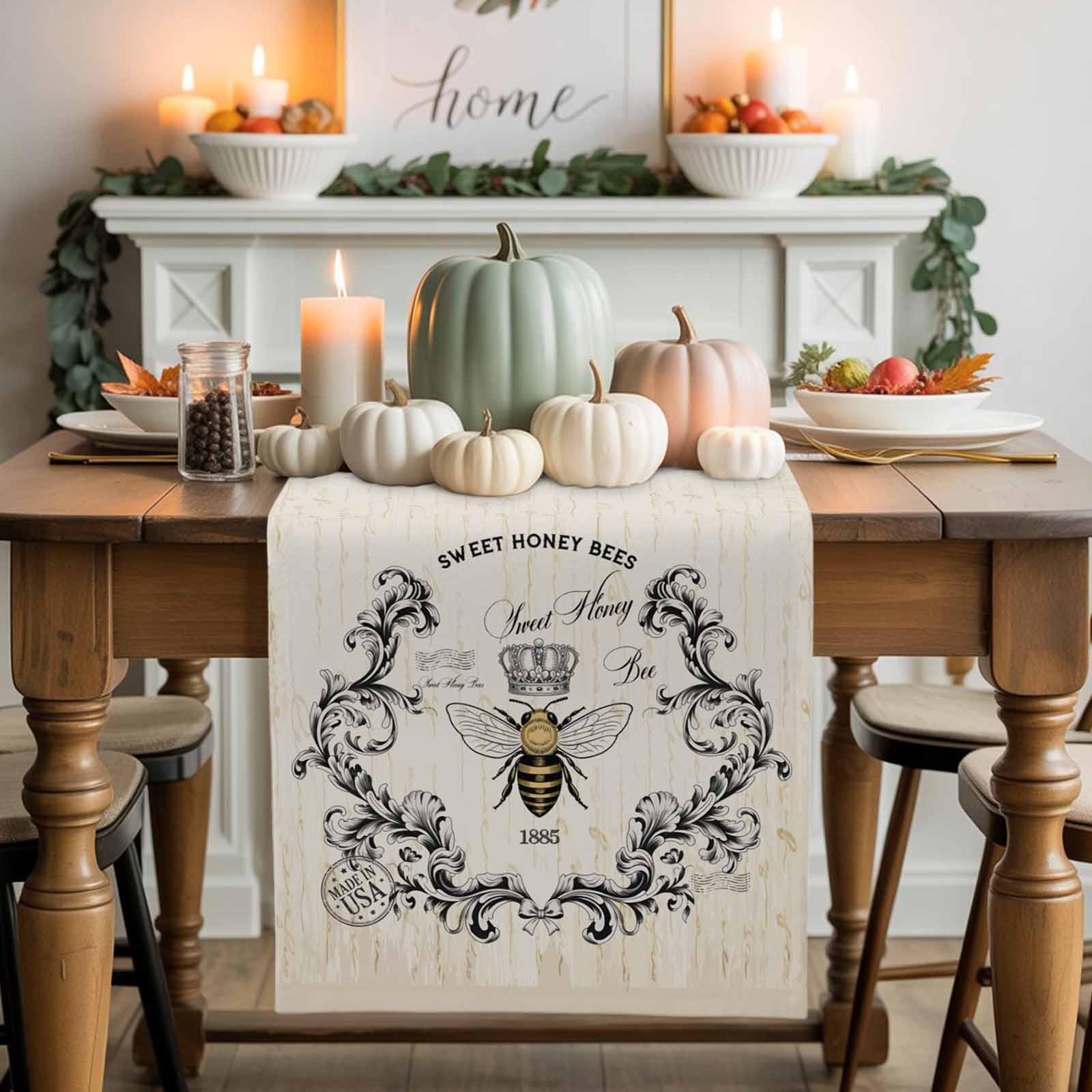 SWEET HONEY BEES Cotton Linen Table Runner, Washable Table Runners for Kitchen, Dining Room, Holiday, Home Party Table Decor, 13x90 Inches