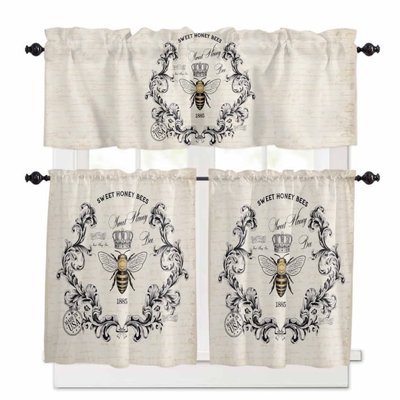 SWEET HONEY BEES Kitchen Curtains Valance and Tier Set Bees Farmhouse Retro Texture Rod Pocket Short Curtains for Small Window 3 Pieces Set for Bedroom Bathroom Cafe (54" x 18"+27" x 24")
