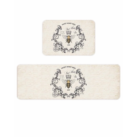 SWEET HONEY BEES Kitchen Mats for Floor 2 Piece, Bees Farmhouse Retro Texture Absorbent Non-Slip Kitchen Rugs Comfort Standing Mat for Laundry, Hallways 15.7"x23.6"+15.7"x47.2"