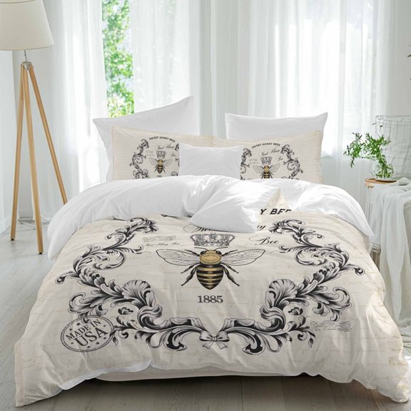 SWEET HONEY BEES Queen Size Comforter Set, Bees Farmhouse Retro Texture Bedding for All Seasons, 4 Pcs Bed Set, 1Quiltcover (90"x92") ,1Sheet(94"x116"), 2Pillowcases (30"x20")