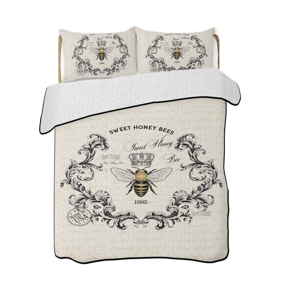 SWEET HONEY BEES Quilts Bedding Set Full Size Bees Farmhouse Retro Texture Lightweight Quilted Bedspread 3 Piece Bed Quilt with 2 Pillow Shams All Season for Bedroom 68" x 98"