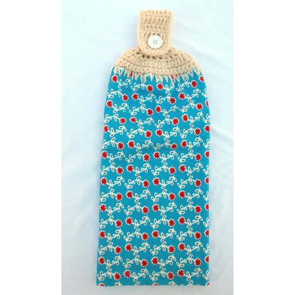 SWEET ROSE COLLECTION - BLUE WITH RED FLOWERS DOUBLE THICK HANDMADE CROCHET TOP HANGING KITCHEN TOWEL