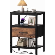 Sweetcrispy Adult 1-Drawer Nightstand with Charging Station, USB & Type-C Ports, Metal Frame, Black and Rust