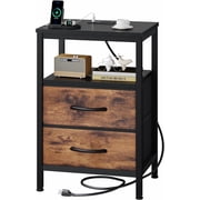 SWEETCRISPY 2-Drawer Nightstand with Charging Station, USB & Type-C Ports, Adjustable Fabric Drawers, Sturdy Metal Frame, Space-Saving Design for Bedroom & Livi