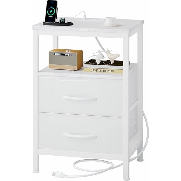 SWEETCRISPY 2-Drawer Nightstand with Charging Station, USB & Type-C Ports, Adjustable Fabric Drawers, Sturdy Metal Frame, Space-Saving Design for Bedroom & Living Room,White