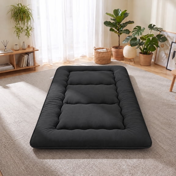 Sweetcrispy Twin Japanese Floor Mattress with Washable Cover, Folding Memory Foam Sleeping Mat for Dorm, Camping & Guest Room, Black