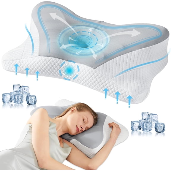 SWEETCRISPY Queen Size Cervical Neck Pillow, Memory Foam with Ice Silk Cover, Ergonomic Contour Design, Cooling & Breathable,Gray