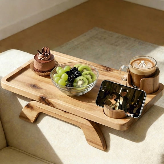 SWEETCRISPY Sofa Arm Tray - Stable Organizer for Drinks Snacks Remote, Universal Fit for Couch Armrests, Non-Slip Design, Easy Install, Brown