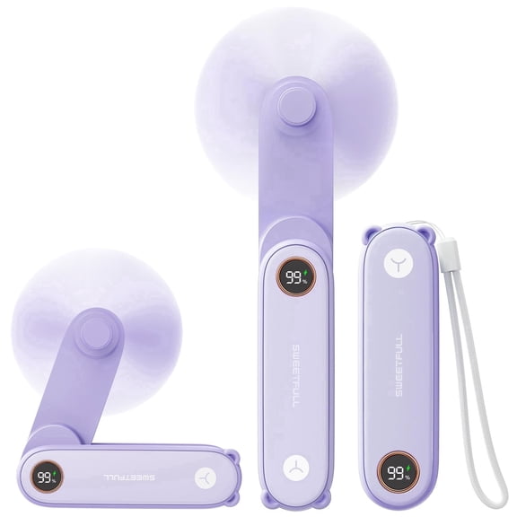 SWEETFULL Portable Handheld Mini Fan with LED Display, 3-in-1 Personal Foldable USB Rechargeable Hand Held Fan, Flashlight for Travel, Lash Eyelash, Cute Small Pocket for Women, Girls (Purple)