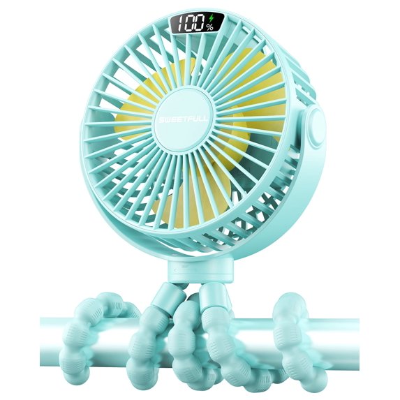 SWEETFULL Portable Stroller Fan with Display 4000mAh Battery Powered Mini Clip On Fan, 4-Speed Rechargeable Small Personal Cooling for Baby Car Seat Crib Travel