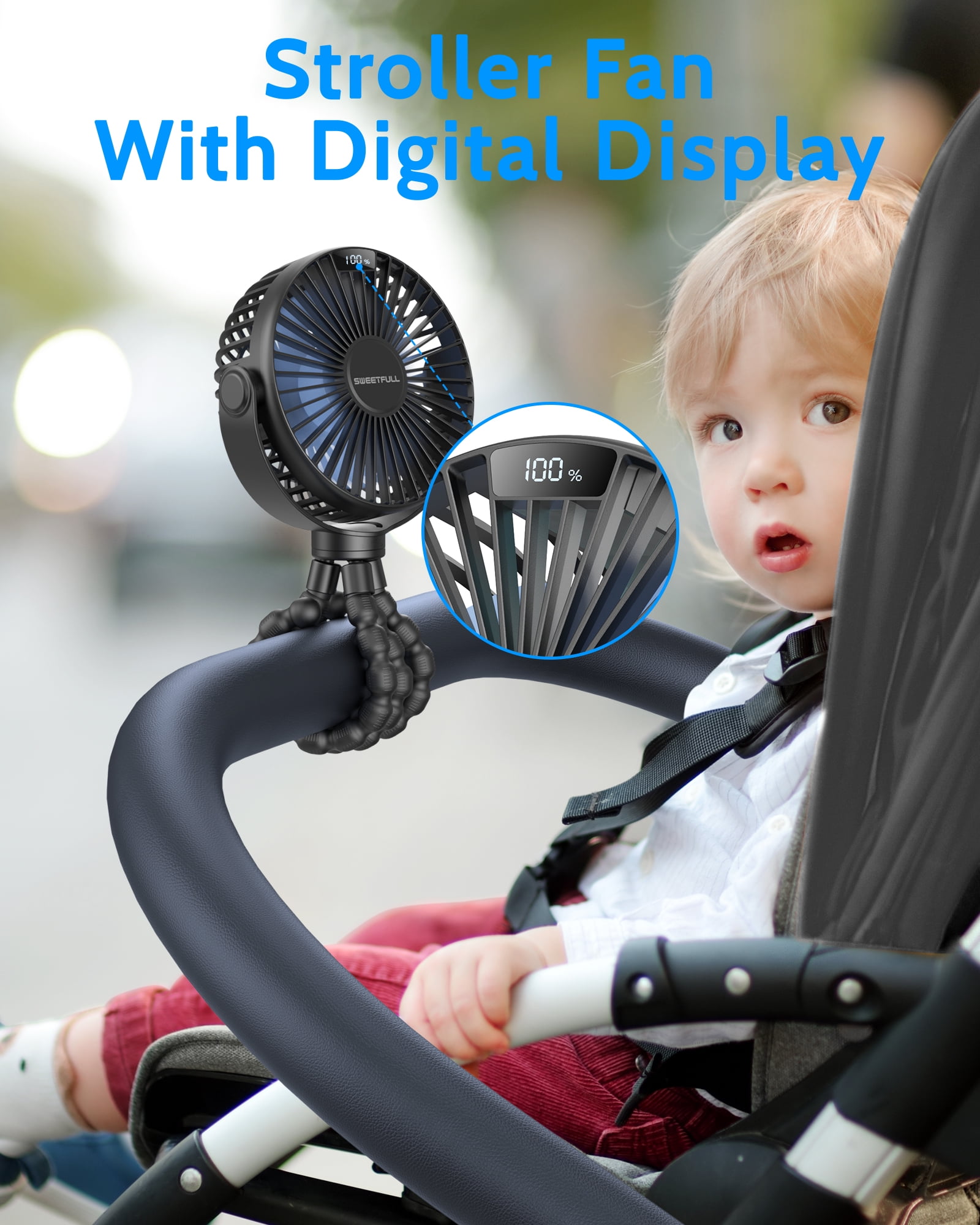 SWEETFULL Portable Stroller Fan, with Display 4000mAh Battery Powered Mini Clip On Fan, 4-Speed Rechargeable Small Personal Fan Handheld Desk Cooling Fan for Baby Car Seat Crib Travel Black