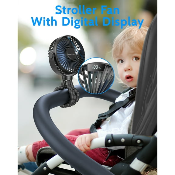 SWEETFULL Portable Stroller Fan, with Display 4000mAh Battery Powered Mini Clip On Fan, 4-Speed Rechargeable Small Personal Fan Handheld Desk Cooling Fan for Baby Car Seat Crib Travel Black
