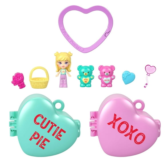 Polly Pocket x Sweethearts Doll & 2 Playsets with 7 Accessories, Compact Travel Toy with Keychain Clip
