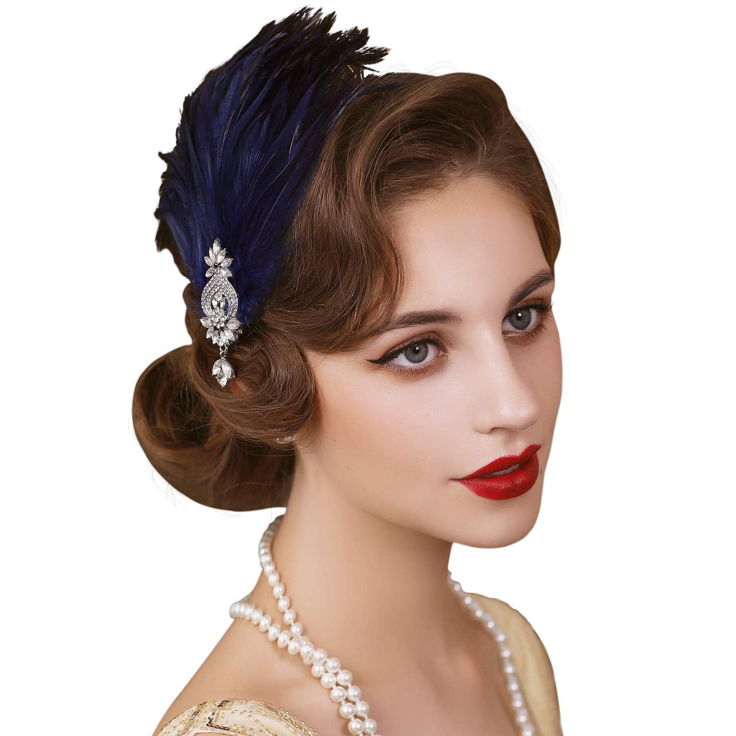 SWEETV 1920s Feather Headpiece Flapper Headband Roaring 20s Hair Accessories Great Gatsby Hair Clip Navy Blue Walmart