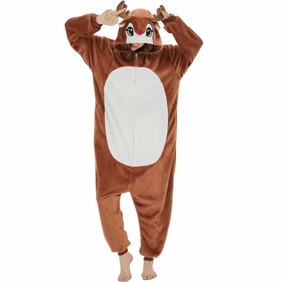 SWEETXIN Adult Christmas Reindeer Unisex Onesie Pajamas Halloween Cosplay Costume Suit for Women and Men SizeL