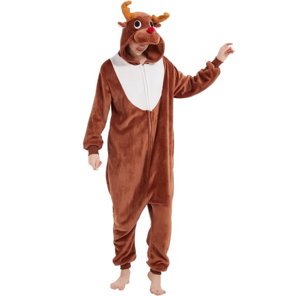SWEETXIN Adult Christmas Reindeer Unisex Onesie Pajamas Halloween Cosplay Costume Suit for Women and Men SizeM