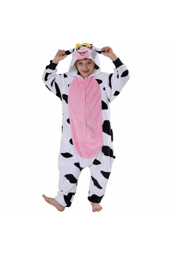 Kids Cow Onesie Pajamas Halloween Plush Costume Sleepwear Christmas Gift for Girls Boys Jumpsuit 5Years