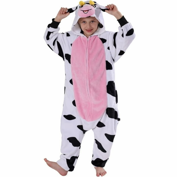 SWEETXIN Kids Cow Onesie Pajamas Halloween Plush Costume Sleepwear Christmas Gift for Girls Boys Jumpsuit 8Years