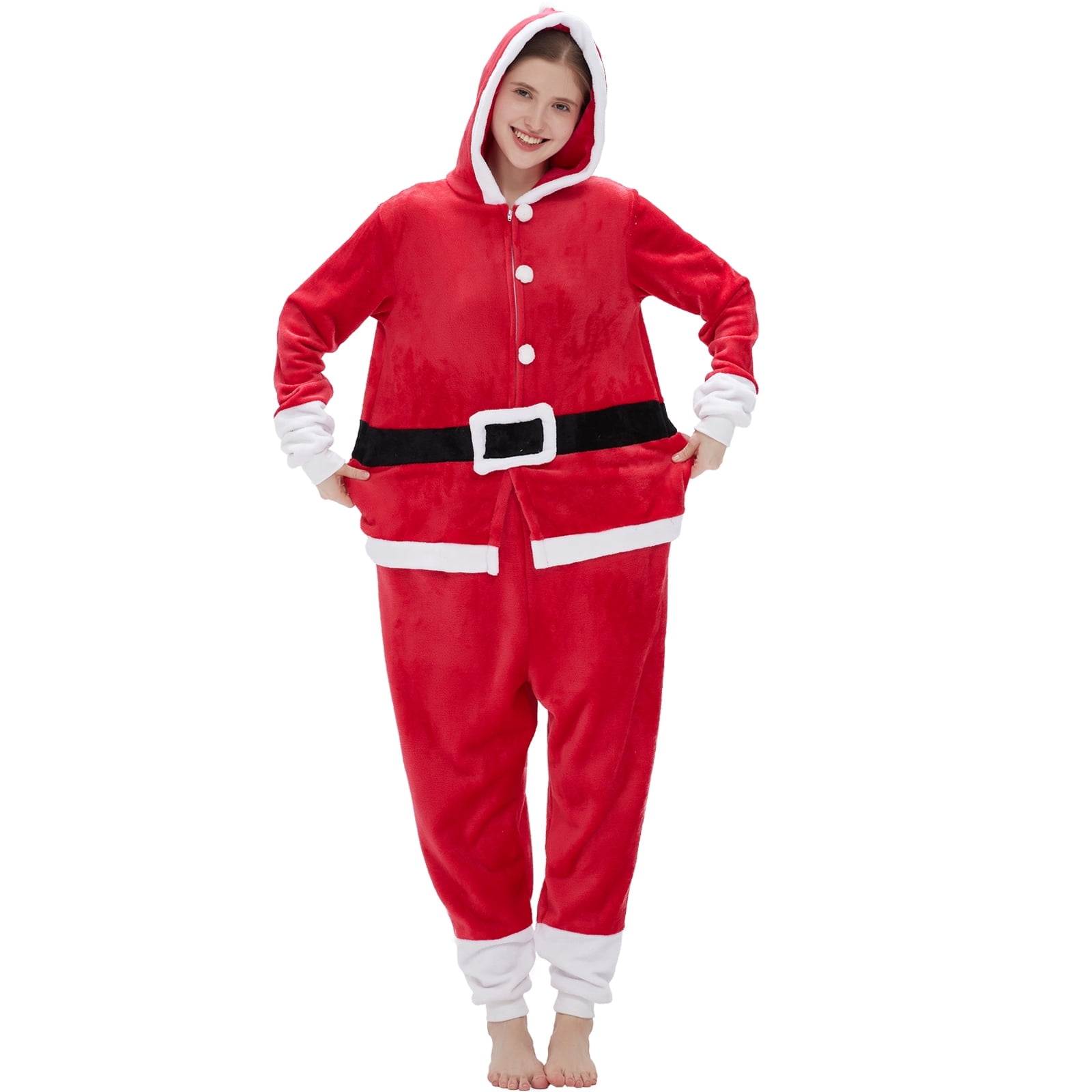 SWEETXIN Adult Halloween One-Piece Pajamas Santa Claus Cosplay Costume Suit for Women and Men SizeM