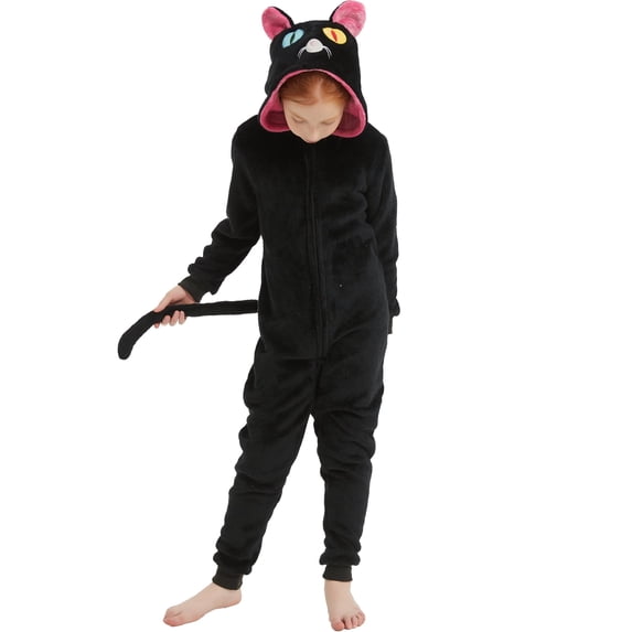SWEETXIN Kids Cat Onesie Pajamas Halloween Plush Costume Sleepwear Christmas Gift for Girls Boys Jumpsuit 12Years