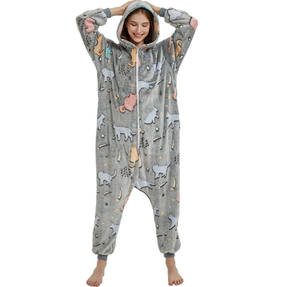 SWEETXIN Women's Snug Fit Black Cat One-Piece Pajamas, Glow-in-the-Dark Tie Dye Hooded Onesies Costume SizeS