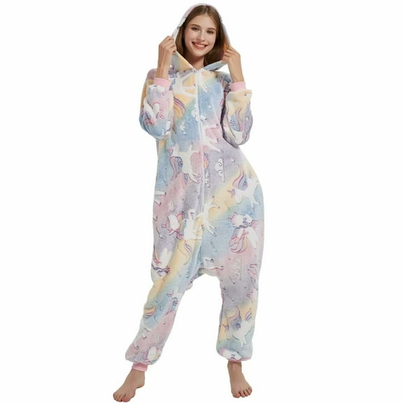 SWEETXIN Women's Snug Fit Rainbow Unicorn One-Piece Pajamas, Glow-in-the-Dark Tie Dye Hooded Onesies Costume SizeXL