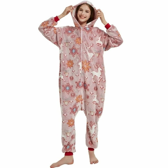 SWEETXIN Women's Snug Fit Reindeer One-Piece Pajamas, Glow-in-the-Dark Tie Dye Hooded Onesies Costume SizeM
