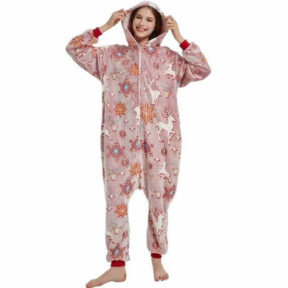 SWEETXIN Women's Snug Fit Reindeer One-Piece Pajamas, Glow-in-the-Dark Tie Dye Hooded Onesies Costume SizeXL