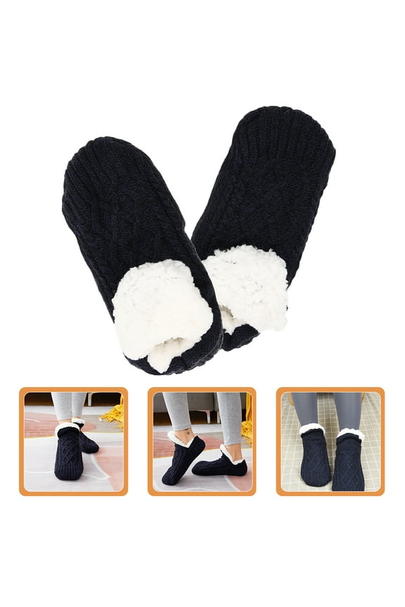 1 Pair Cozy Black Plush Slipper Socks with Anti-slip Warmth for Women and Men Indoor Use